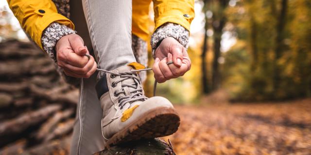 Woman tying shoelace on her hiking boot. Tourist is getting ready for autumn hike at woodland trekking trail